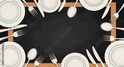 Elegant Table Setting with Plates and Cutlery on Chalkboard Background.