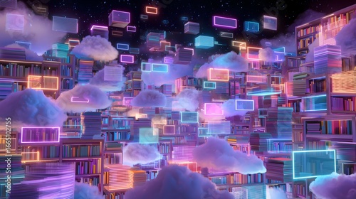 A library filled with books and neon lights. The neon lights are in the shape of boxes and are floating in the air. Scene is bright and colorful, giving off a feeling of excitement and wonder