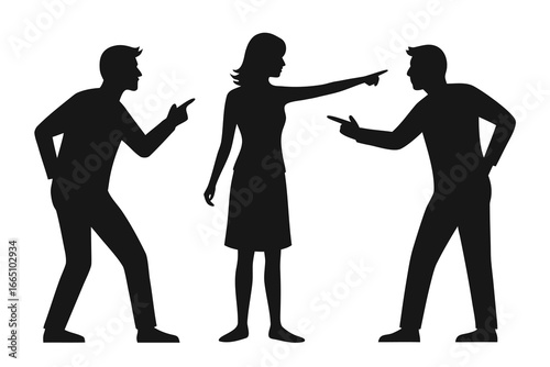 Silhouette of a Woman Standing Between Two Men Who are Pointing at Each Other