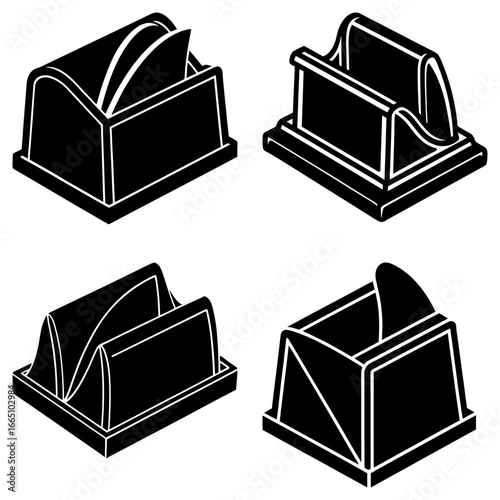 Isometric illustration of four different black and white card holders on a white background shown in detail