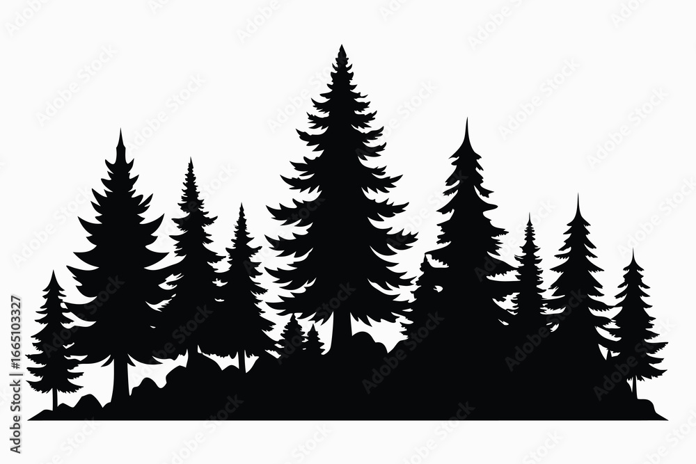 Obraz premium Silhouette of Evergreen Trees on a White Background Displaying a Dense Forest