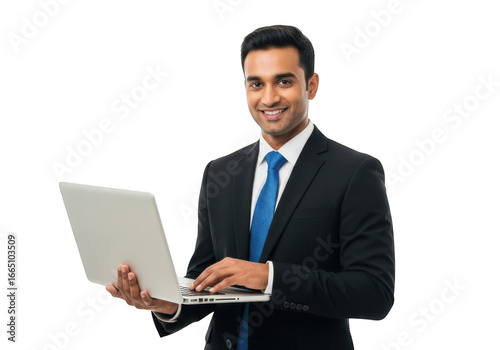 Smiling businessman holding a laptop isolated on transparent background