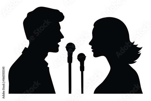 Silhouette of Male and Female Vocalists Performing Duet with Two Microphones in Black and White