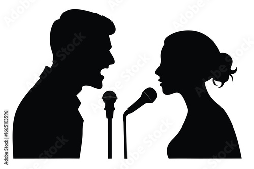 Silhouette of Male Yelling into Microphone and Female Singing, Illustration, Performance, Communication Concept