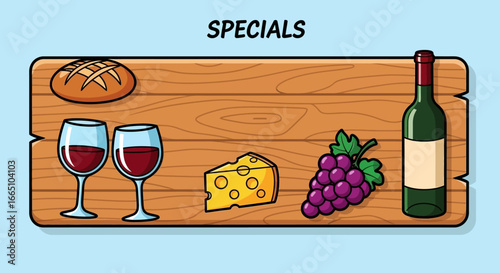 Food and drink arrangement on a wooden board, showcasing wine and cheese.