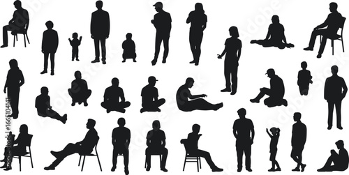 Black Silhouettes of People in Various Poses Including Adults and Children Sitting Standing Walking Interacting for Design Illustration and Decoration
