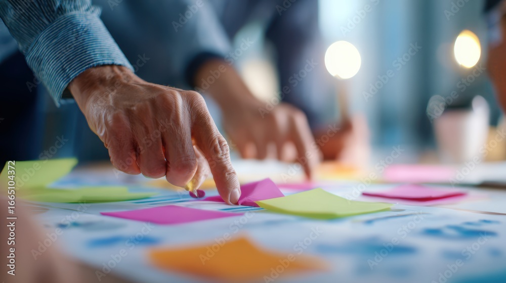 Fototapeta premium Group of people collaborating on a project using colorful sticky notes in a modern office setting