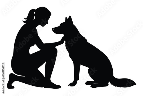 Silhouette of Woman Kneeling, Petting German Shepherd Dog, Bond Between Owner and Canine