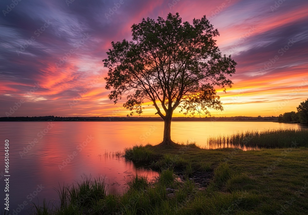 Fototapeta premium Witness the breathtaking beauty of a vibrant sunset casting a warm glow over a tranquil lake, with a solitary tree silhouetted against a dramatic, colorful sky.