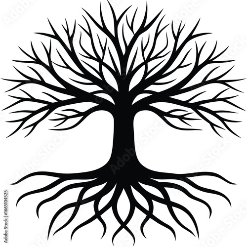 Silhouette Tree of Life Illustration Roots, Trunk, Branches on White Background