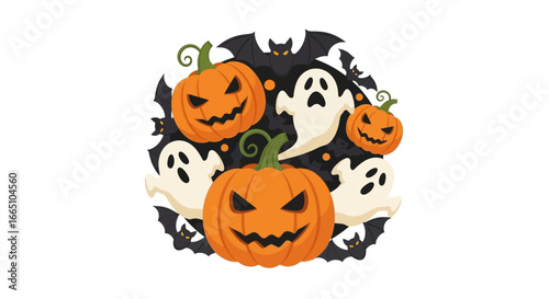 halloween themed design with pumpkins and ghosts.