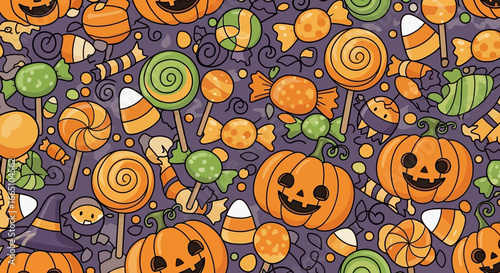 Halloween themed assorted candies and pumpkins.
