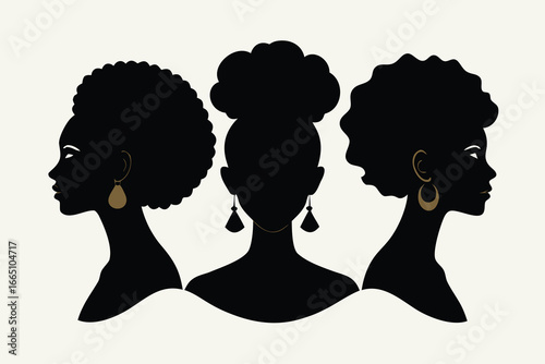 Silhouettes of Three Black Women with Different Hairstyles and Gold Earrings Illustration
