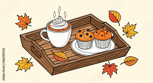 Hand drawn illustration of a cozy autumn breakfast tray with hot coffee and muffins.