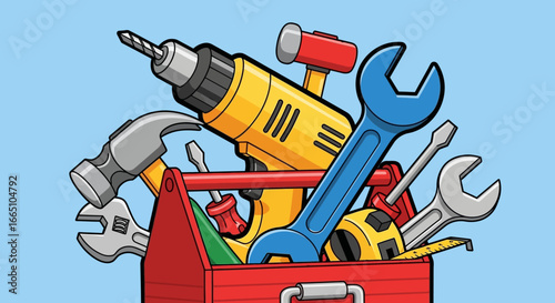 Handymans Red Tool Chest with Drill Hammer and Wrenches.