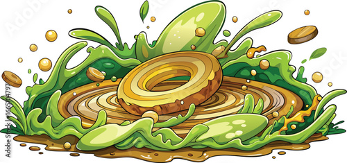 Single donut with green glaze and liquid splashes icing frosting