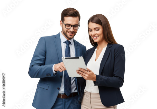 Business colleagues reviewing tablet together isolated on transparent background