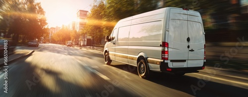The van speeding through a city street at sunset with motion blur