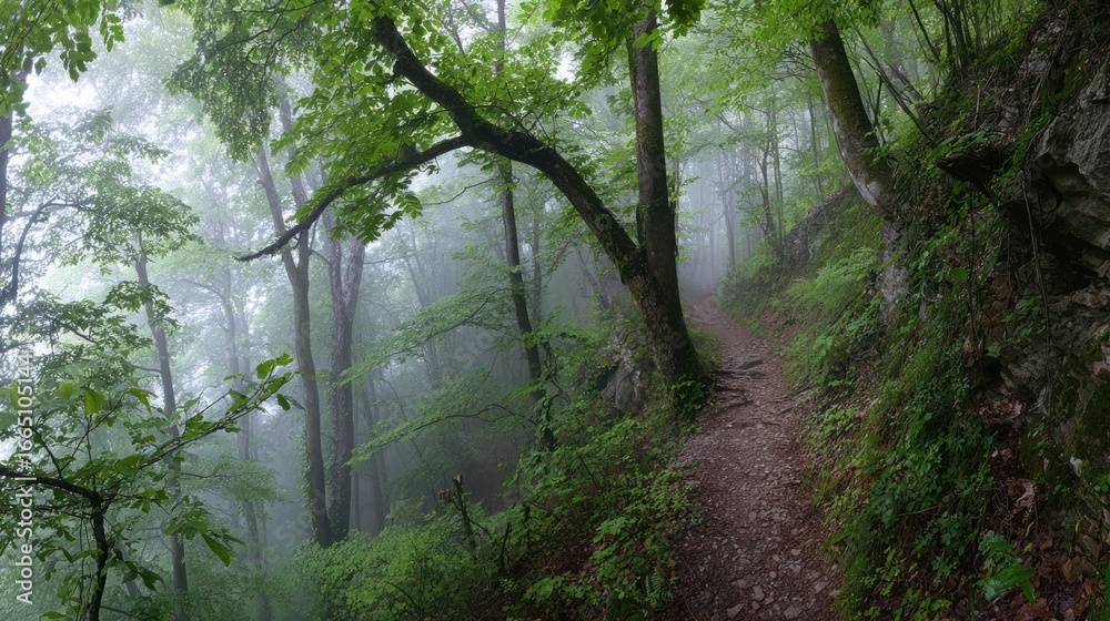 Fototapeta premium Foggy path through forest, rocky slope, lush green foliage, mysterious trail