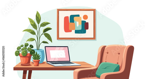 Home Office Workspace with Laptop, Plants, and Comfortable Chair.