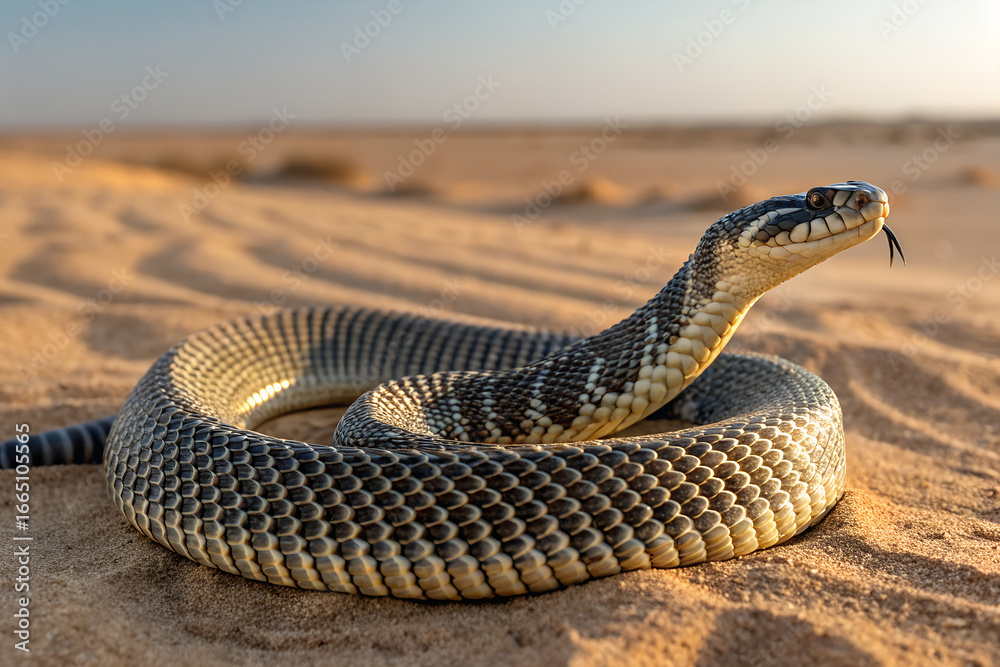 Fototapeta premium An alert hognose snake is coiled on rippled desert sand, flicking its tongue. This wildlife portrait captures the beautiful reptile in its natural, arid habitat. Generative Ai.