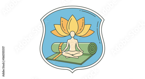 Meditating Figure on Yoga Mat with Lotus Flower Illustration.