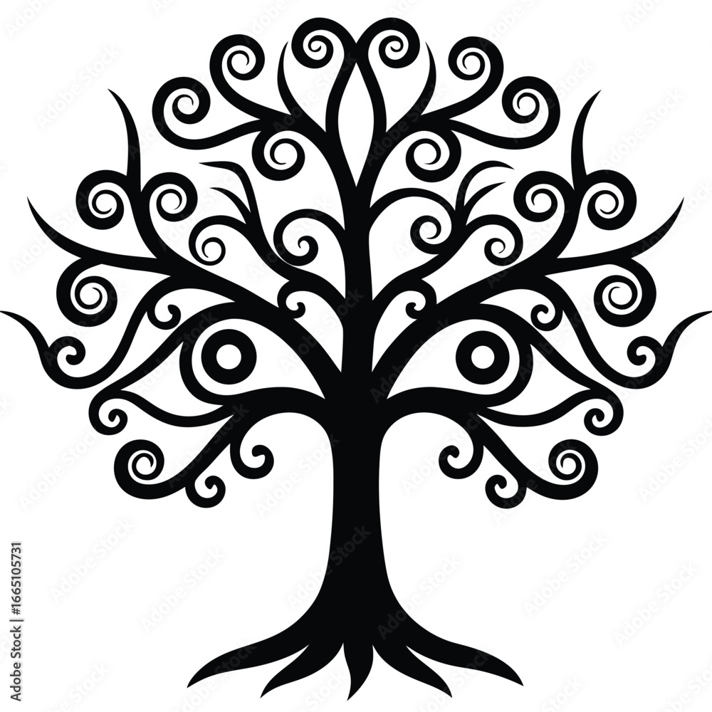 Obraz premium Stylized Black Tree with Intricate Swirls on Branches and Roots