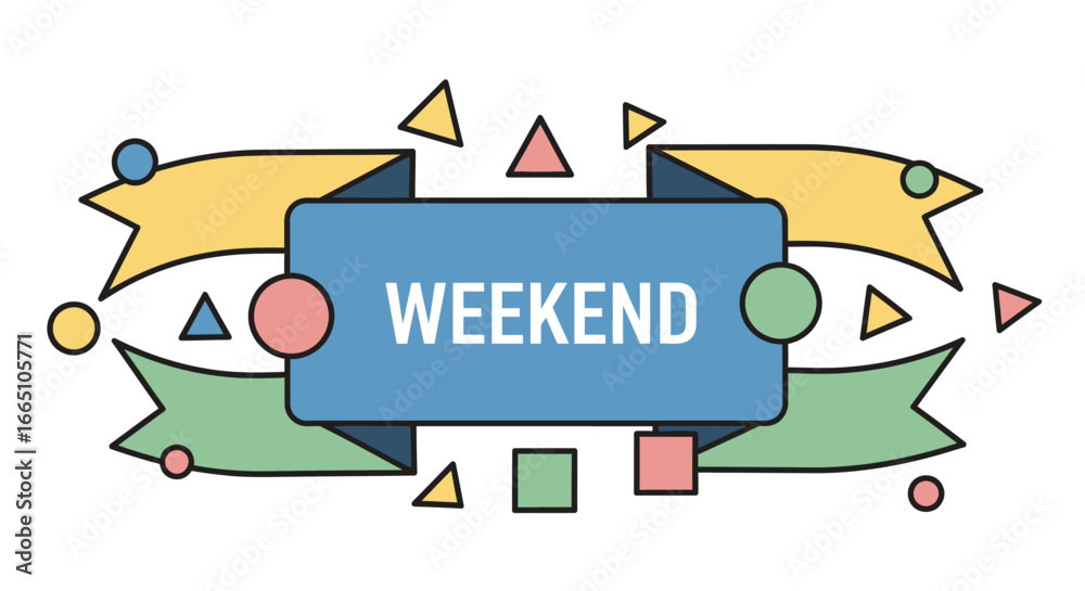 Fototapeta premium Modern Weekend Banner with Colorful Geometric Shapes and Ribbons.