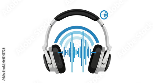 Modern wireless headphones with audio sound wave graphic illustration.