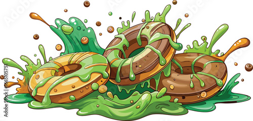 Three chocolate donuts with green glaze and splashes of liquid icing
