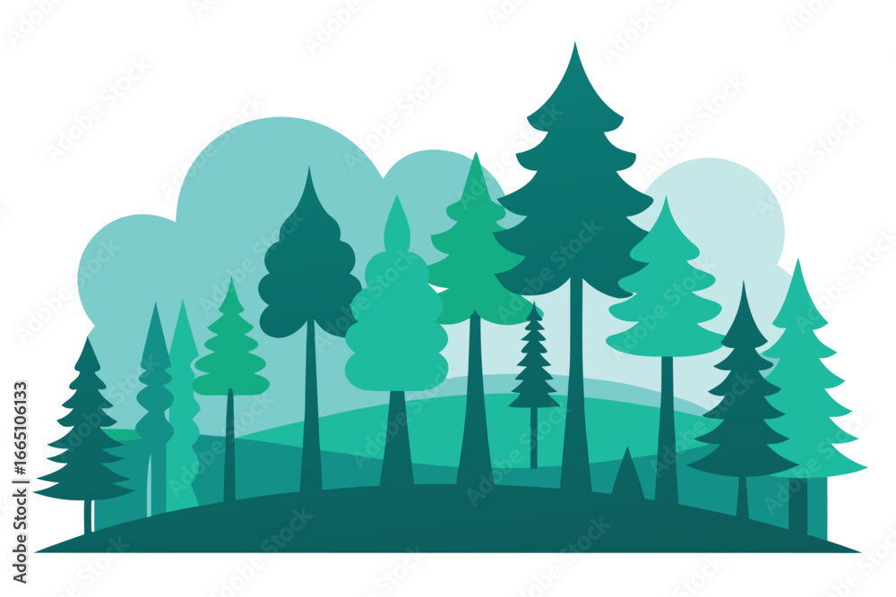 Fototapeta premium Teal and Green Forest Illustration Featuring Evergreen Trees with Background Hills and Clouds