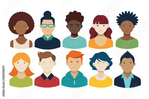 Ten Diverse People Avatars Featuring Various Hairstyles and Clothing Color Palette Flat Design