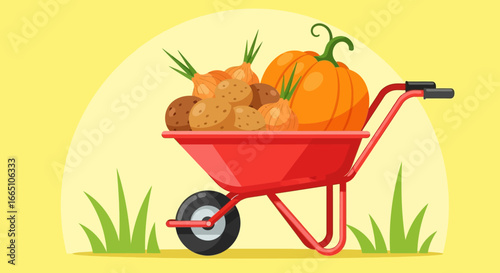 Red wheelbarrow full of fresh autumn harvest vegetables.