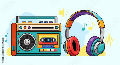 Retro Music Vibes - Boombox and Headphones Illustration.