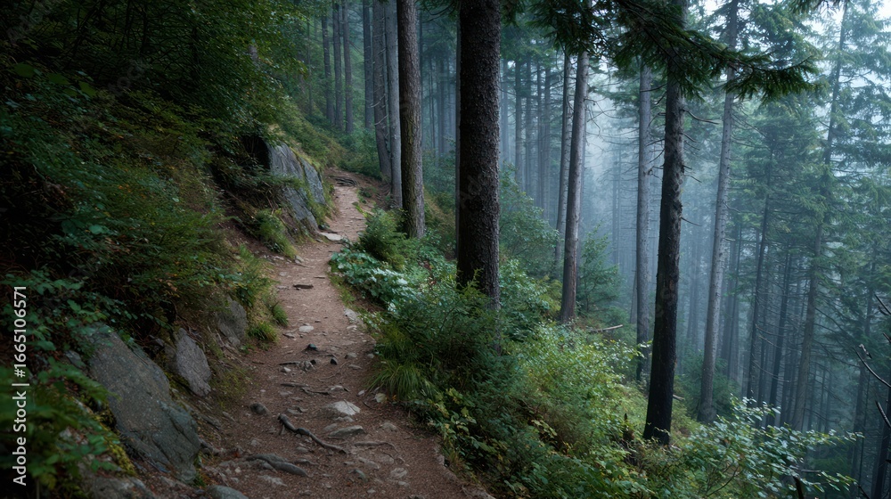 Obraz premium Winding trail through a foggy forest. Evergreen trees on a steep slope