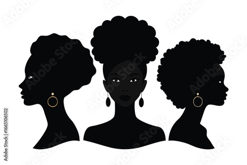 Three Black Women Silhouettes with Afro Hairstyles and Gold Earrings on a White Background