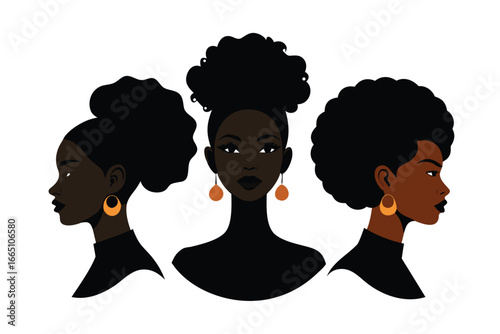 Three Elegant Black Women Portraits with Natural Hair and Gold Hoop Earrings Illustration