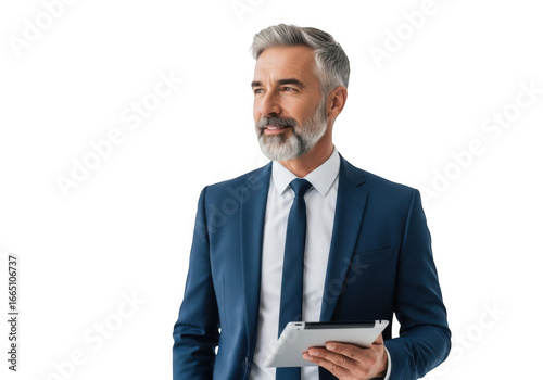 Mature businessman with tablet isolated on transparent background