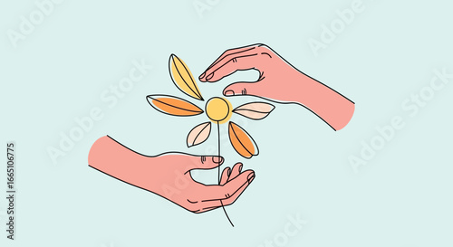 Simple line art illustration of hands plucking flower petals.