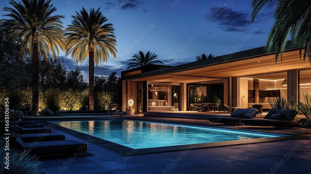 Fototapeta premium Luxury modern home with swimming pool at night offering serene and relaxing atmosphere