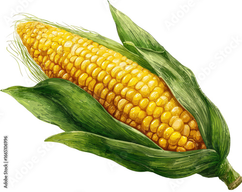 Close-up of a vibrant yellow corn cob, nestled within its green leaves.  Detailed illustration showcases the kernels and leaf textures