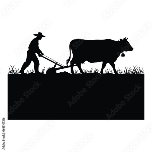 Silhouette of a farmer plowing a field with an ox showcasing traditional agriculture practices