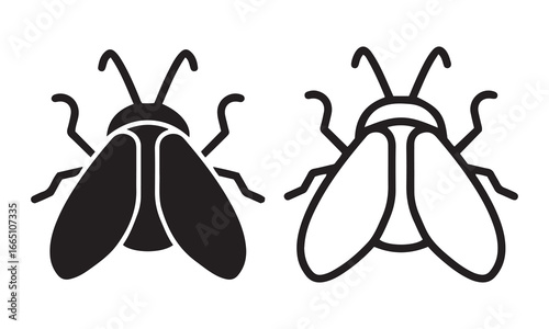 Black and Outline Fly Icons. Insect Silhouettes for Pest Control, Nature, and Graphic Design.