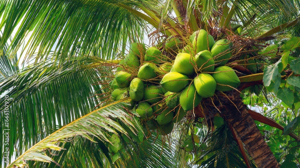 Fototapeta premium Coconut harvesting action tropical paradise nature photography lush environment upward view sustainable agriculture concept