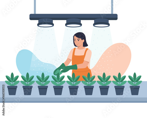 Flat vector illustration of a woman tending to seedlings under modern indoor grow lights