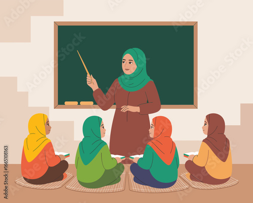 A female teacher in a hijab conducts a lesson for a group of girls in a classroom