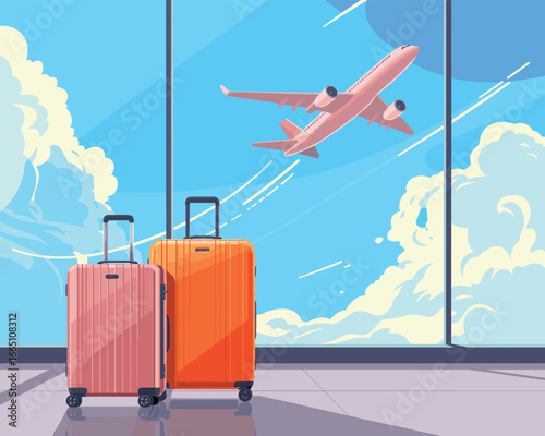 Airport travel illustration suitcases, airplane taking off against blue sky