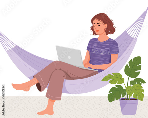 Relaxing Work from Home Woman in Hammock with Laptop