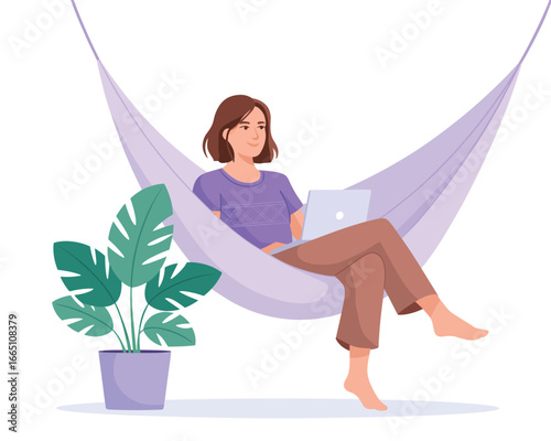 Relaxed Woman Working on Laptop in Hammock with Potted Plant