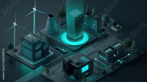 Isometric Cityscape shows Smart Factory, Wind Turbines. Future Concept Use
